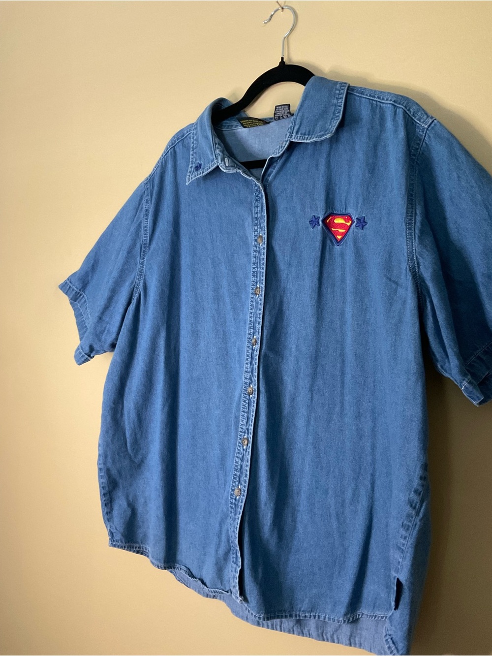 Warner Bros. Light Blue Denim Short-Sleeve Button-Up Shirt with Superman Patch